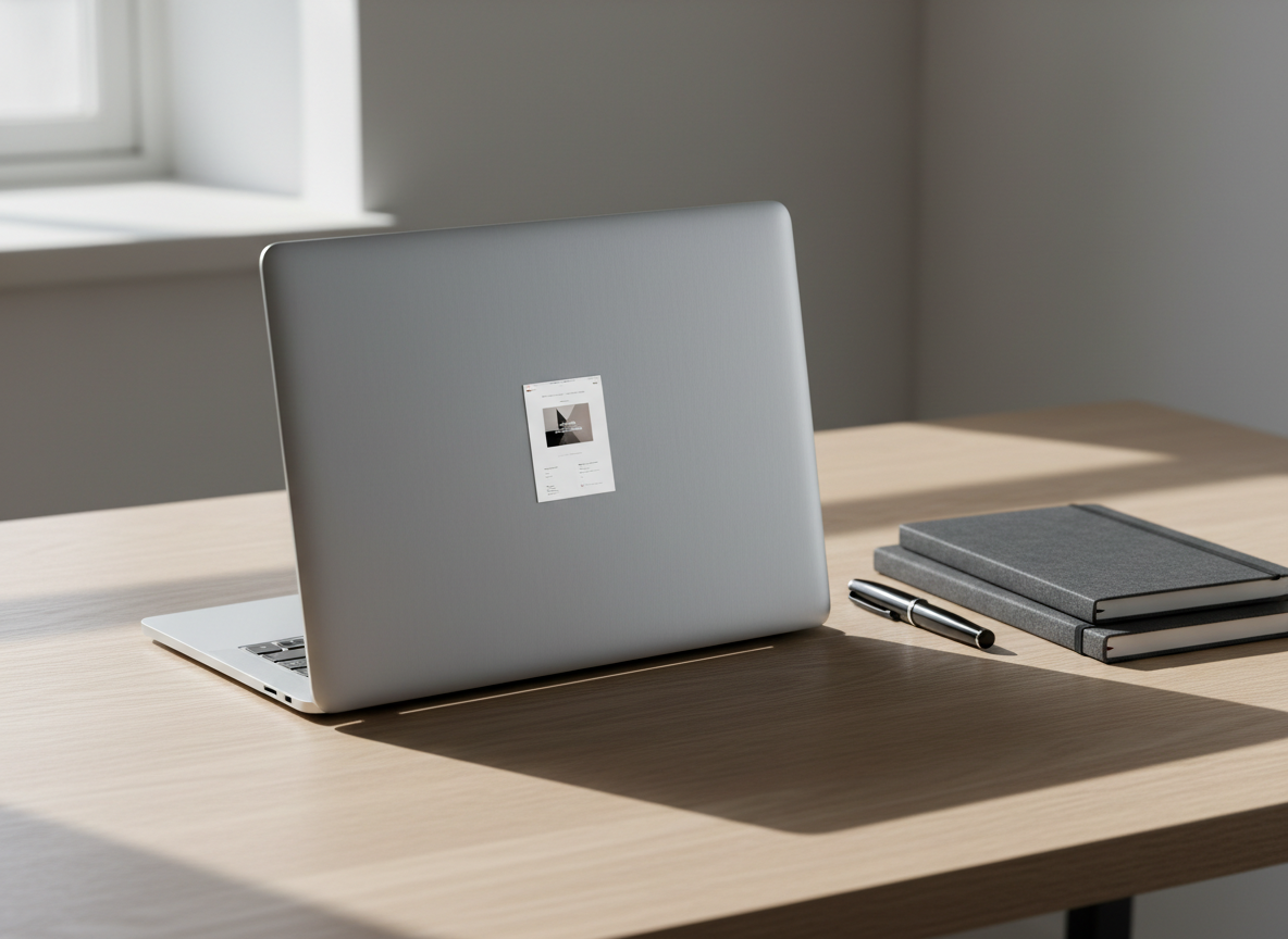 A sleek, closed silver laptop with a subtle brushed metal texture rests on a clean, light oak desk, beside a neatly stacked set of dark grey sketchbooks and a black fountain pen. On the laptop lid, a small reflection of a minimalist portfolio homepage glows faintly. Soft, diffused daylight streams in from an unseen window to the left, casting gentle, elongated shadows and a calm, professional atmosphere. Shot at eye level with a shallow depth of field, the background fades into a soft blur of neutral tones, emphasizing the workspace. Photographic realism with a clean, modern aesthetic, perfect for a professional portfolio hero image focused on personal projects and digital craftsmanship.