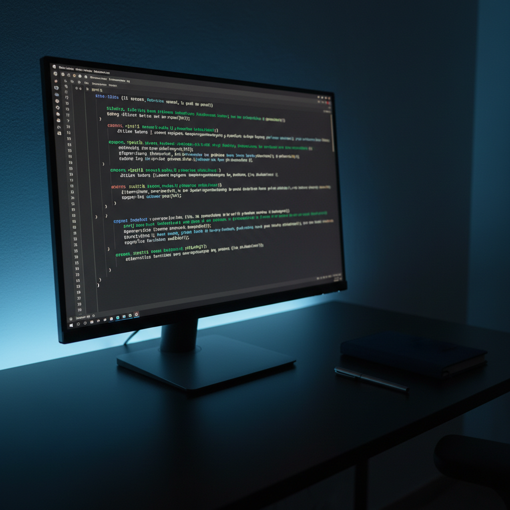 A minimalist dark-mode code editor fills a high-resolution monitor, lines of clean, well-structured code in soft greens and blues on a charcoal background, with a subtle glow reflecting off a matte black desk surface. To the side, a closed notebook with a textured navy cover and a precise metal pen emphasize professionalism. The room is lit by the cool light of the screen and a faint ambient backlight washing a gradient of deep blue onto the wall behind. Captured from a low, slightly off-center angle, with the monitor dominating the frame and the background falling into soft darkness, the photographic image conveys a focused, quietly intense mood suitable for a developer’s personal projects portfolio.