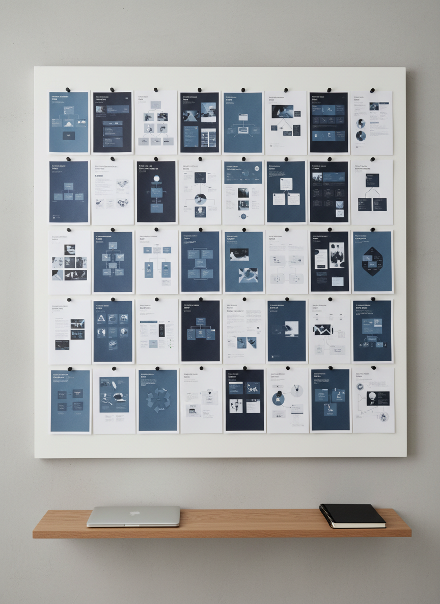 A grid of printed project mockups pinned to a large, matte white magnetic board, each sheet featuring different interface designs, diagrams, and clean typography in muted blues and charcoal greys. Thin black magnets and precise alignment create a sense of order and attention to detail. The board stands against a smooth, light concrete wall, with a narrow floating shelf beneath holding a closed laptop and a single black notebook. Soft overhead studio lighting and subtle side light from the left produce gentle shadows along the paper edges. Shot straight-on at eye level with sharp focus throughout, the image has a photographic, gallery-like feel that suggests a curated collection of personal projects presented professionally.