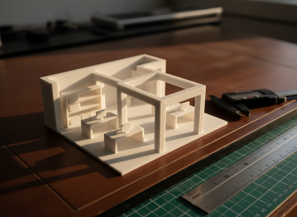 A detailed close-up of a white 3D-printed architectural model of a modern studio workspace, with miniature desks, shelves, and abstract computer shapes, set on a dark wooden drafting table. Fine grid lines on a translucent cutting mat peek out from underneath. Nearby, a pair of matte black calipers and a metallic scale ruler suggest precision. Warm, directional afternoon light from the left creates strong but refined shadows that accentuate the model’s contours. Captured from a low, three-quarter macro angle with a shallow depth of field, the front of the model is in tack-sharp focus while the background gently blurs. Photographic realism with a sophisticated, conceptual mood, suited for showcasing structured, well-designed personal projects.