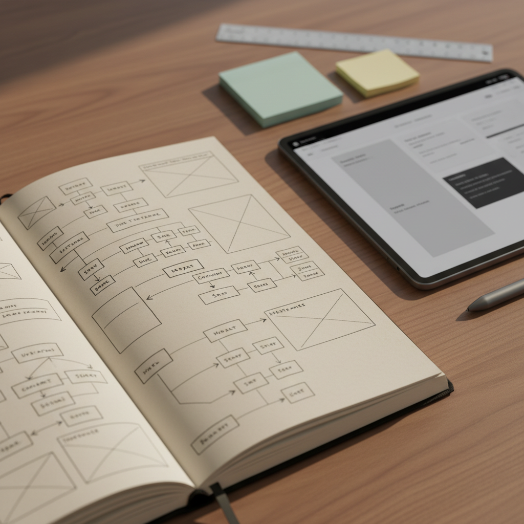 A close-up of a meticulously organized project notebook open on a smooth walnut desk, filled with clean, hand-drawn wireframes and neatly labeled diagrams in fine black ink. Beside it lies a graphite-grey tablet with a stylus, its screen showing a refined, monochrome interface layout. A slim metal ruler and a small stack of adhesive notes in muted colors complete the arrangement. Soft morning daylight falls diagonally from the top right, enhancing the paper’s subtle texture and creating delicate shadows from the pen and stylus. Captured from a slightly elevated angle with a shallow depth of field, focusing on the wireframes, in realistic photographic style with a calm, focused, professional atmosphere ideal for showcasing thoughtful personal project planning.