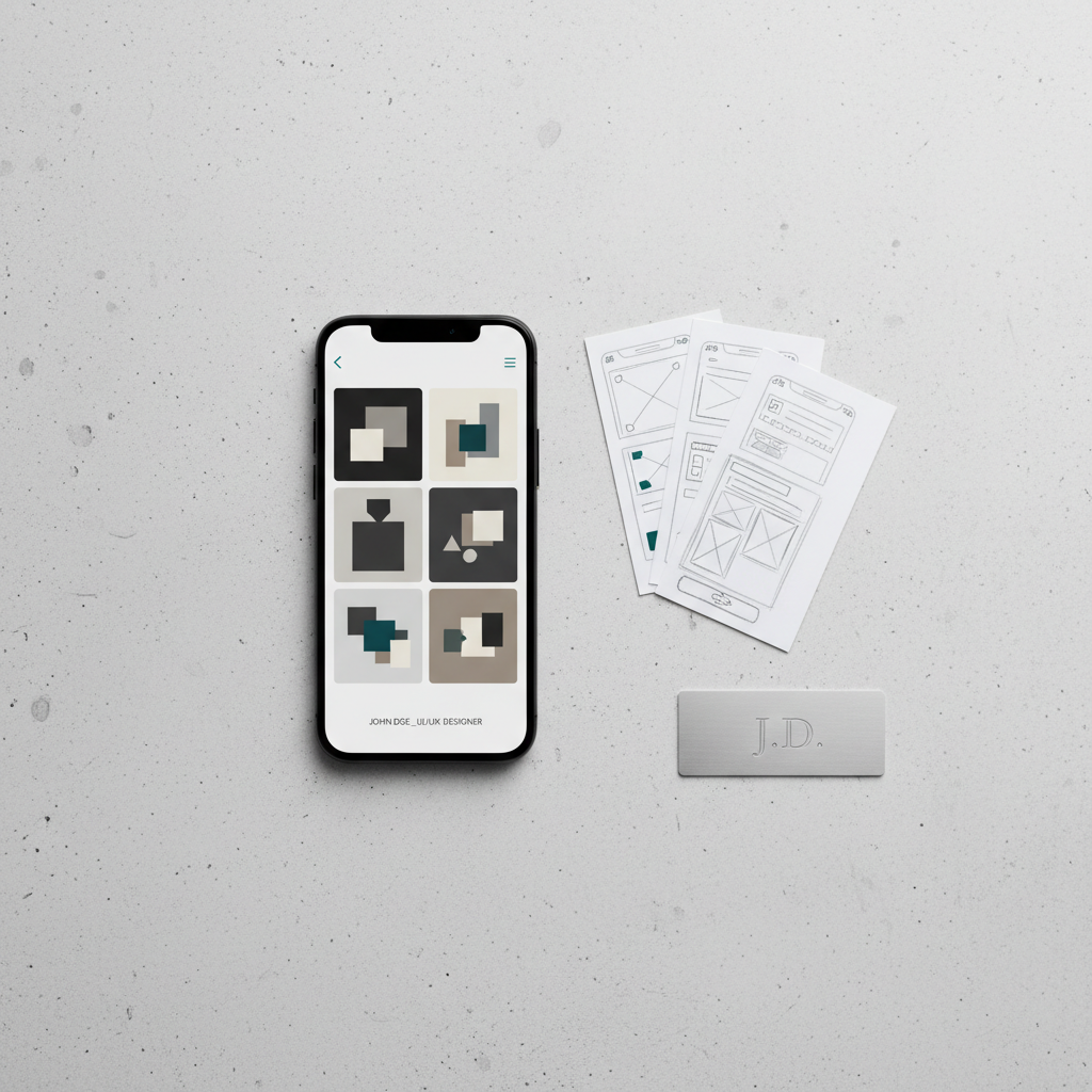 A polished, matte black smartphone lies centered on a light concrete surface, its screen displaying a sophisticated portfolio-style app with a grid of project tiles in neutral colors and subtle accents of deep teal. Next to it, sample UI sketches on thin white cardstock fan outward, each showing different layouts and icons. A slim, brushed aluminum card with engraved initials rests at the edge, adding a personal touch. Soft, diffused studio lighting from above creates gentle, even illumination and faint soft-edged shadows beneath each object. The overhead, top-down composition in photographic realism emphasizes clarity, order, and modern design, ideal for illustrating mobile-focused personal projects.