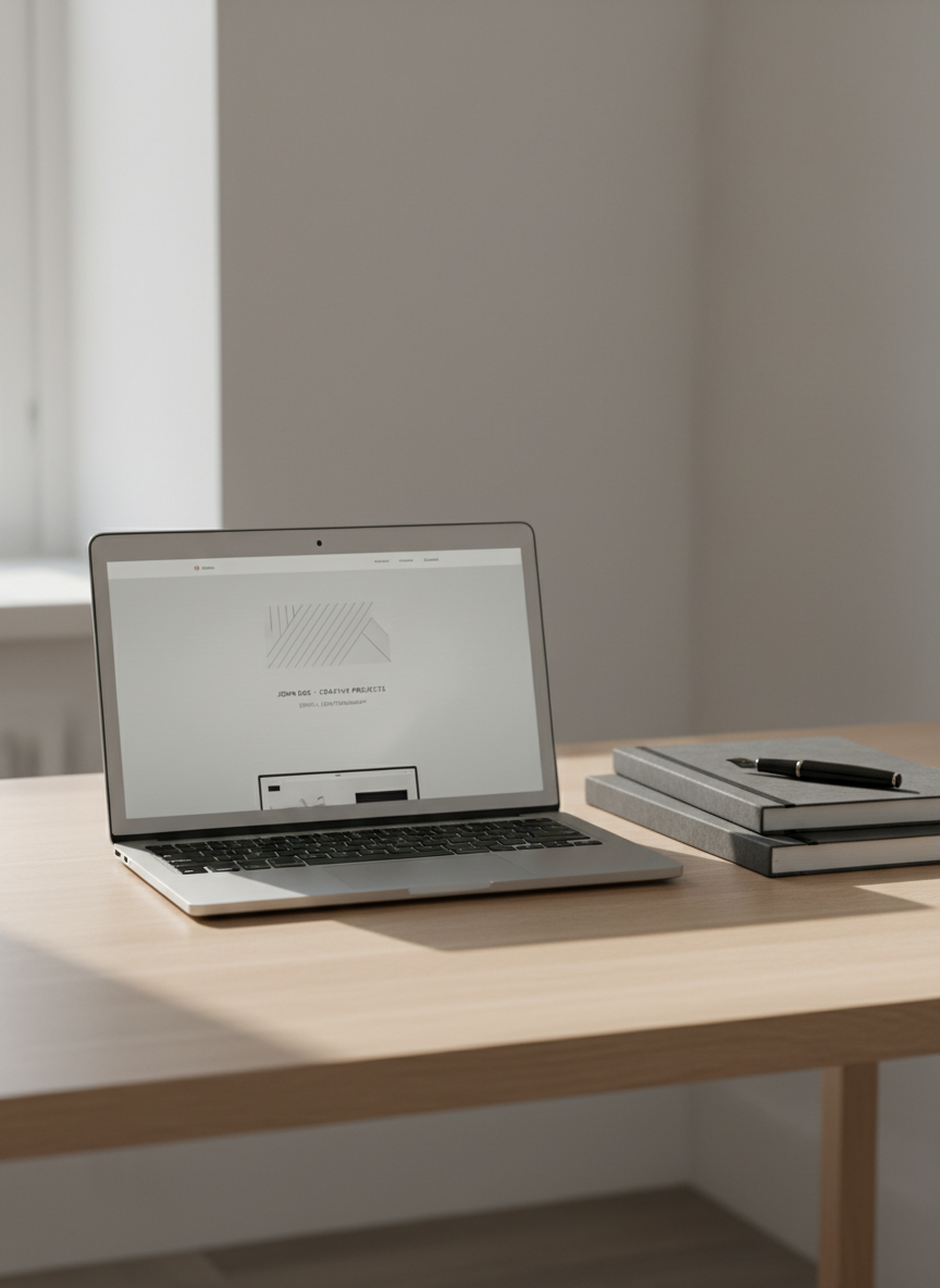 A sleek, closed silver laptop with a subtle brushed metal texture rests on a clean, light oak desk, beside a neatly stacked set of dark grey sketchbooks and a black fountain pen. On the laptop lid, a small reflection of a minimalist portfolio homepage glows faintly. Soft, diffused daylight streams in from an unseen window to the left, casting gentle, elongated shadows and a calm, professional atmosphere. Shot at eye level with a shallow depth of field, the background fades into a soft blur of neutral tones, emphasizing the workspace. Photographic realism with a clean, modern aesthetic, perfect for a professional portfolio hero image focused on personal projects and digital craftsmanship.