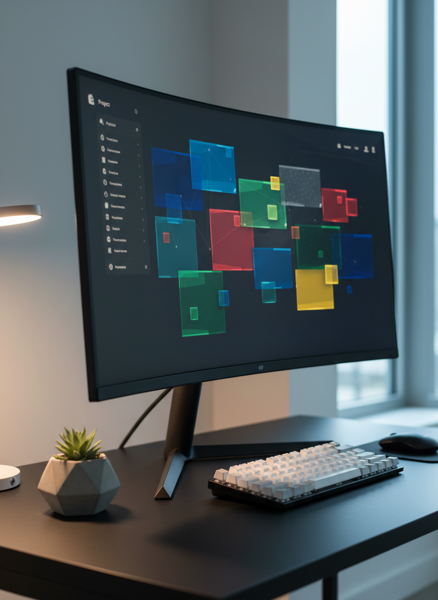 An ultra-wide, curved computer monitor displays a crisp, abstract dashboard of colorful project thumbnails against a dark interface, on a matte black desk with a subtle texture. Nearby, a neatly arranged mechanical keyboard with white keycaps and a low-profile wireless mouse suggest an organized workflow. A single small geometric concrete planter with a green succulent adds a touch of color. Cool, indirect light from a large window to the right combines with a soft white desk lamp glow, creating balanced highlights and gentle reflections. Captured from a slightly elevated three-quarter angle, with sharp focus on the screen and a gradual blur toward the edges, in photographic realism with a refined, professional mood that showcases a modern project portfolio setup.